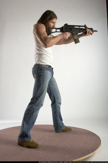 Man Young Muscular White Fighting with submachine gun Standing poses Casual