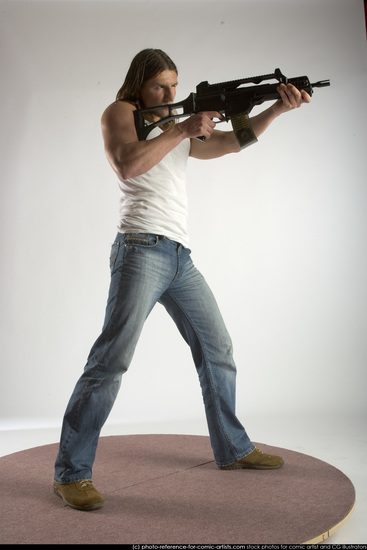 Man Young Muscular White Fighting with submachine gun Standing poses Casual