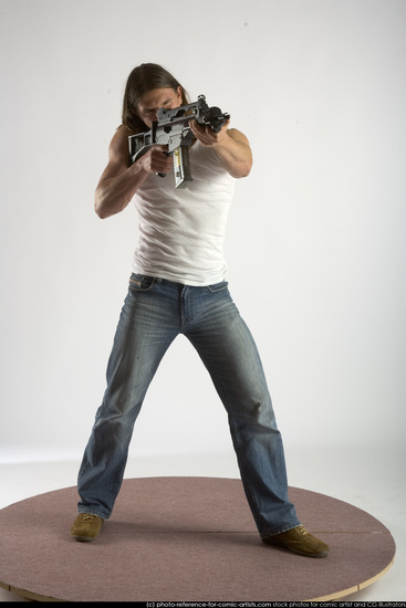 Man Young Muscular White Fighting with submachine gun Standing poses Casual