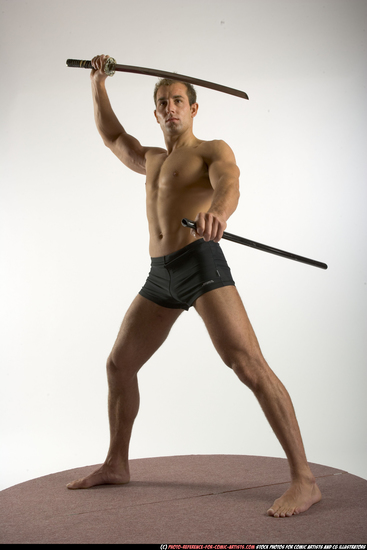 Man Adult Athletic White Fighting with sword Standing poses Underwear