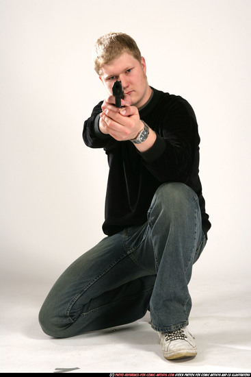 Man Young Chubby White Fighting with gun Kneeling poses Casual