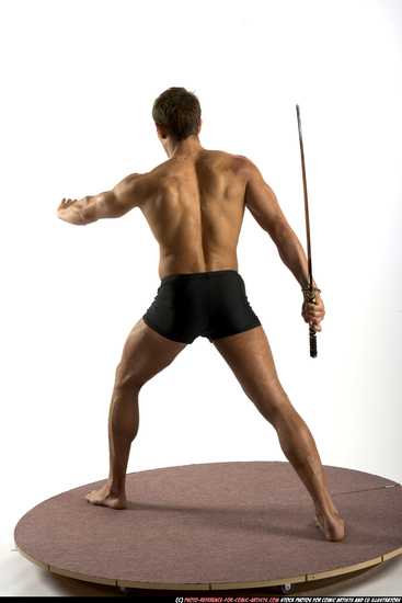 Man Adult Athletic White Fighting with sword Standing poses Underwear