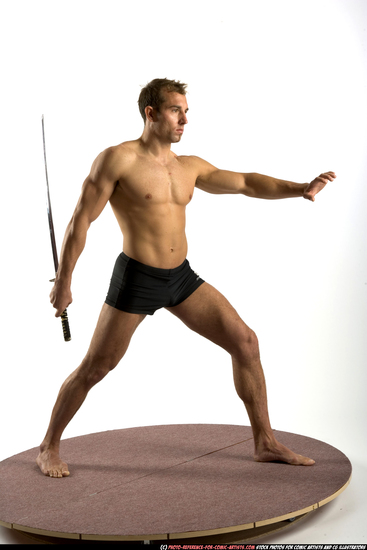 Man Adult Athletic White Fighting with sword Standing poses Underwear