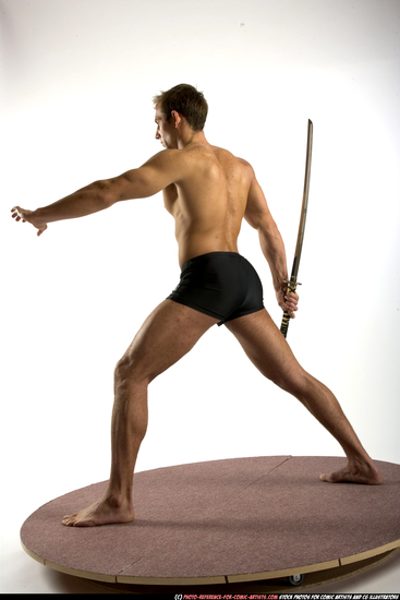 Man Adult Athletic White Fighting with sword Standing poses Underwear