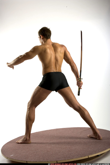 Man Adult Athletic White Fighting with sword Standing poses Underwear