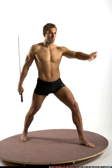 Man Adult Athletic White Fighting with sword Standing poses Underwear