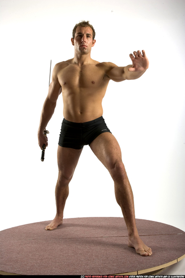 Man Adult Athletic White Fighting with sword Standing poses Underwear