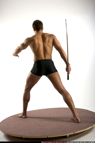 Man Adult Athletic White Fighting with sword Standing poses Underwear