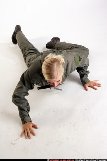 Woman Adult Athletic White Fighting with knife Laying poses Army