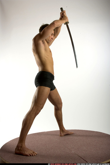 Man Adult Muscular White Fighting with sword Standing poses Underwear