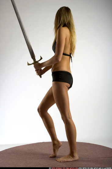 Woman Adult Athletic White Fighting with sword Standing poses Underwear