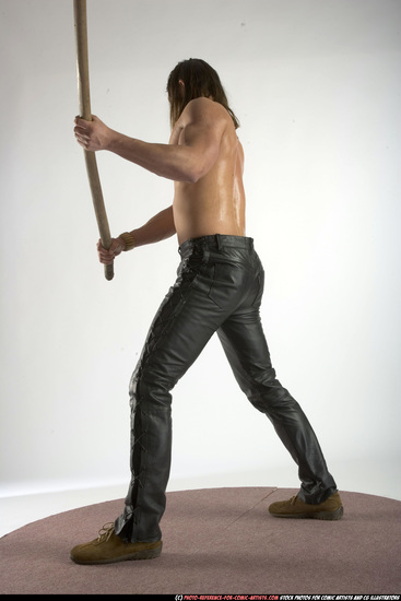 Man Adult Muscular White Fighting with spear Standing poses Pants