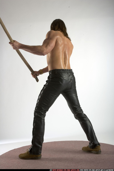 Man Adult Muscular White Fighting with spear Standing poses Pants