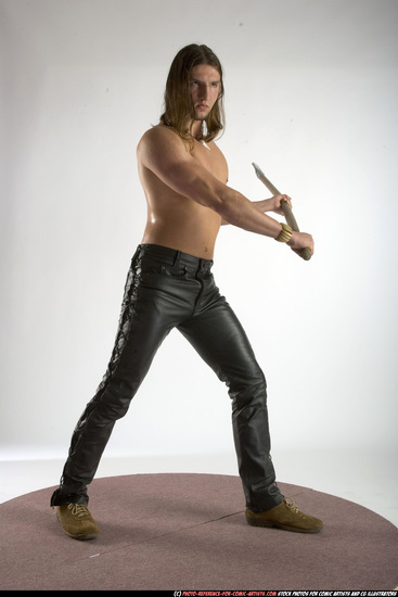 Man Adult Muscular White Fighting with spear Standing poses Pants