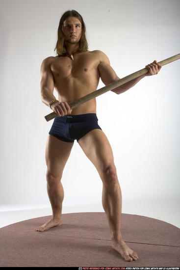 Man Adult Muscular White Fighting with spear Standing poses Underwear