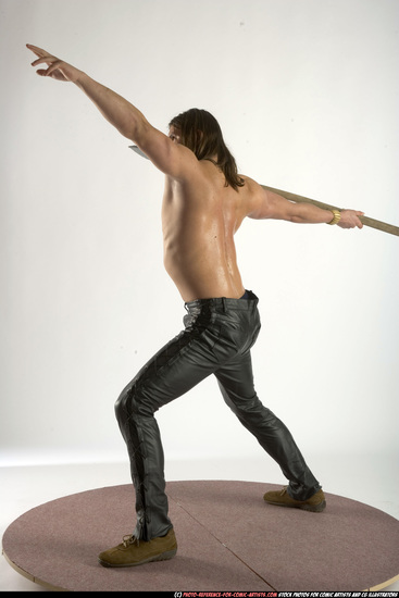 Man Adult Muscular White Fighting with spear Standing poses Pants