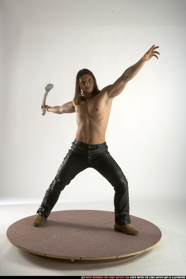 Man Adult Muscular White Fighting with spear Standing poses Pants