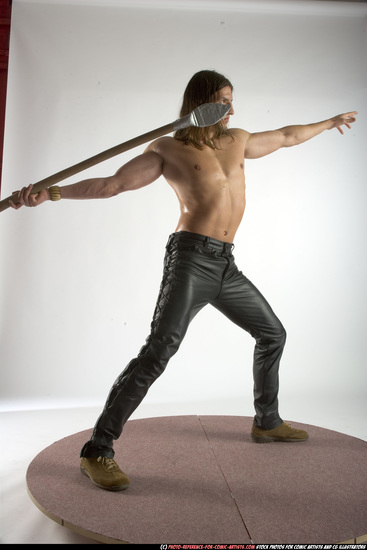 Man Adult Muscular White Fighting with spear Standing poses Pants