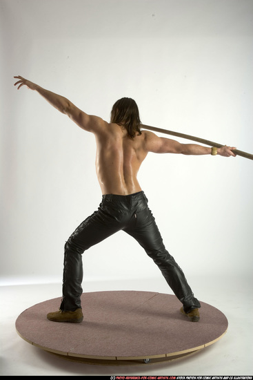 Man Adult Muscular White Fighting with spear Standing poses Pants