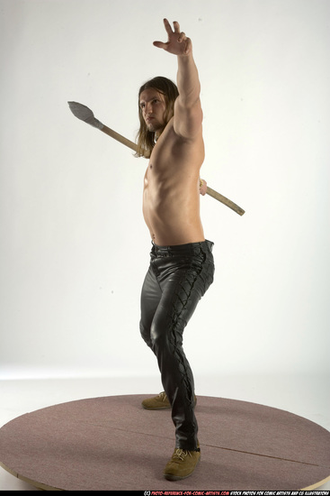 Man Adult Muscular White Fighting with spear Standing poses Pants