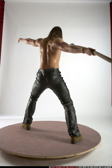 Man Adult Muscular White Fighting with spear Standing poses Pants