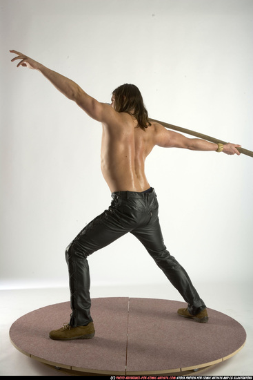 Man Adult Muscular White Fighting with spear Standing poses Pants