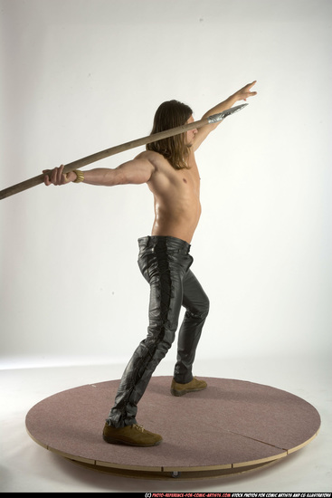 Man Adult Muscular White Fighting with spear Standing poses Pants