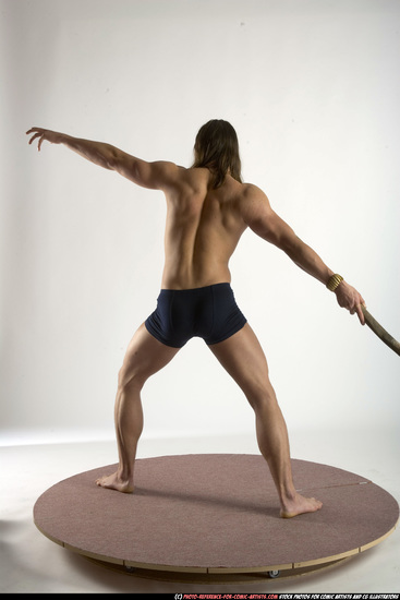 Man Adult Muscular White Fighting with spear Standing poses Underwear