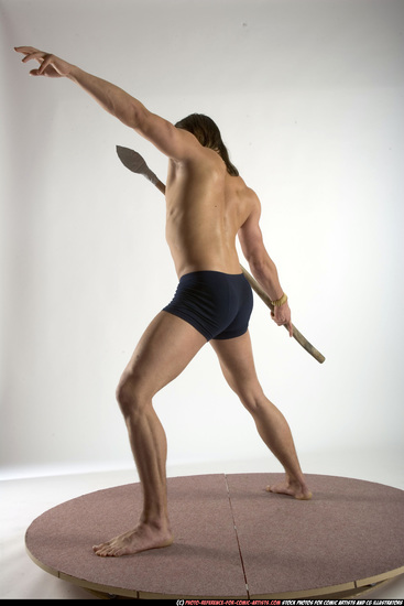 Man Adult Muscular White Fighting with spear Standing poses Underwear