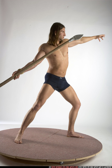 Man Adult Muscular White Fighting with spear Standing poses Underwear