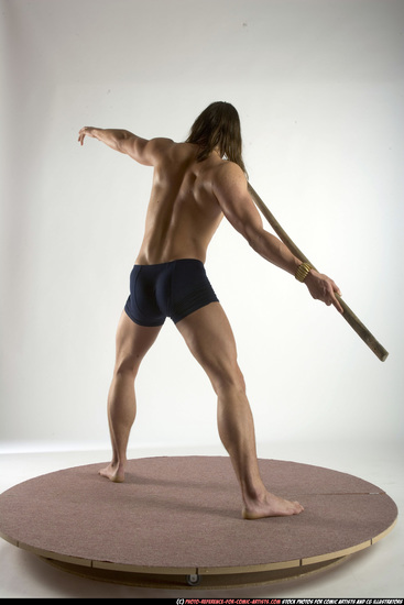 Man Adult Muscular White Fighting with spear Standing poses Underwear