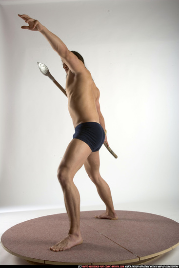 Man Adult Muscular White Fighting with spear Standing poses Underwear