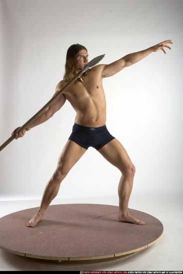 Man Adult Muscular White Fighting with spear Standing poses Underwear