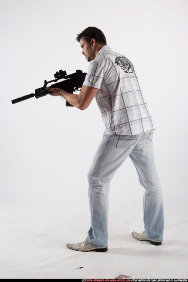 Man Adult Average White Fighting with submachine gun Standing poses Casual