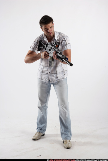 Man Adult Average White Fighting with submachine gun Standing poses Casual