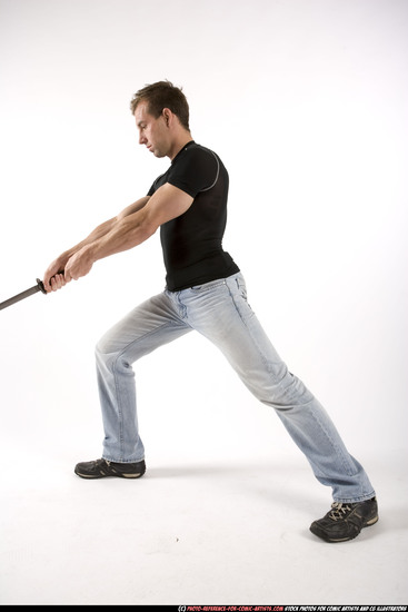 Man Adult Muscular White Fighting with sword Standing poses Sportswear