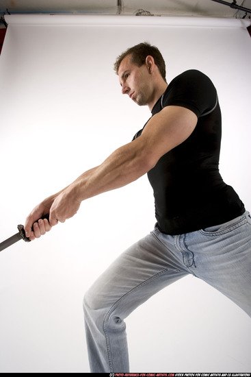 Man Adult Muscular White Fighting with sword Standing poses Sportswear