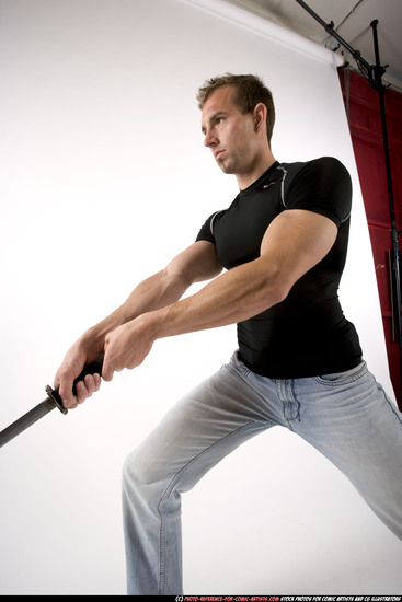 Man Adult Muscular White Fighting with sword Standing poses Sportswear