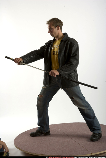 Man Adult Muscular White Fighting with sword Standing poses Sportswear