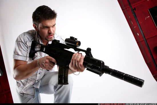 Man Adult Average White Fighting with submachine gun Standing poses Casual