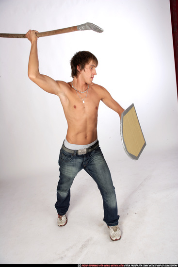 Man Young Muscular White Fighting with spear Standing poses Pants