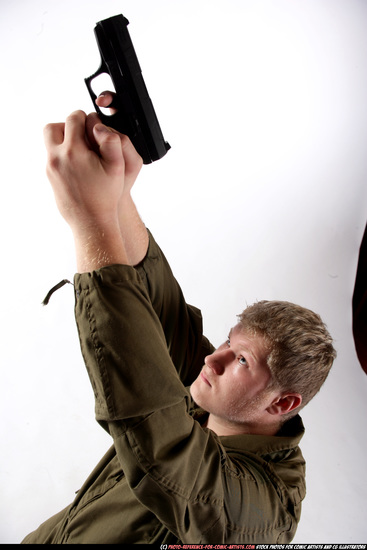 Man Young Average White Fighting with gun Kneeling poses Army