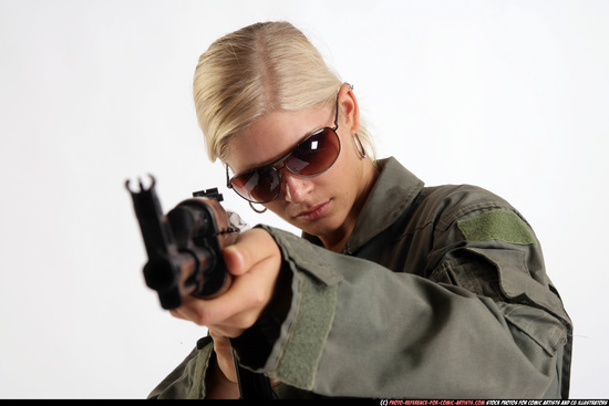 Woman Young Athletic White Fighting with submachine gun Detailed photos Army