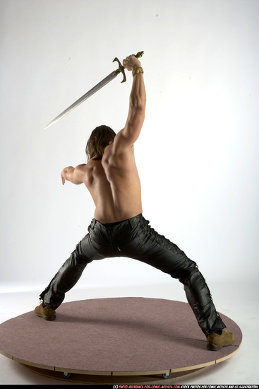 Man Adult Muscular White Fighting with sword Standing poses Pants