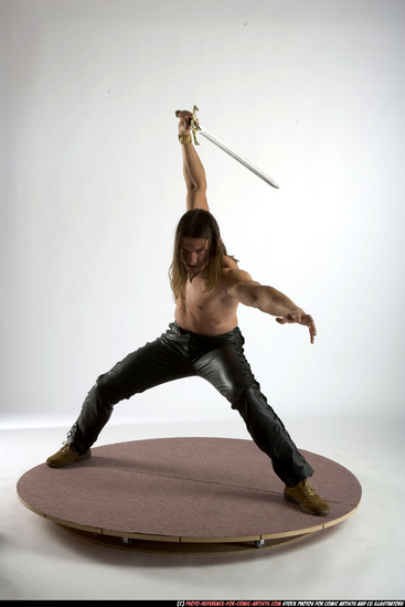 Man Adult Muscular White Fighting with sword Standing poses Pants