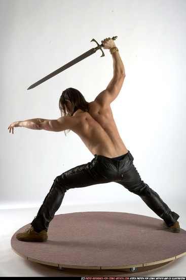 Man Adult Muscular White Fighting with sword Standing poses Pants