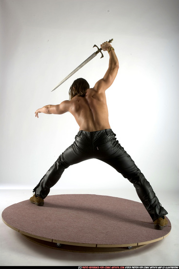 Man Adult Muscular White Fighting with sword Standing poses Pants