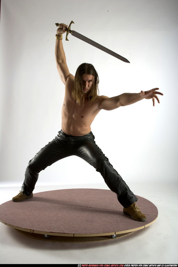 Man Adult Muscular White Fighting with sword Standing poses Pants