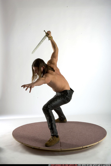 Man Adult Muscular White Fighting with sword Standing poses Pants