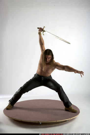 Man Adult Muscular White Fighting with sword Standing poses Pants